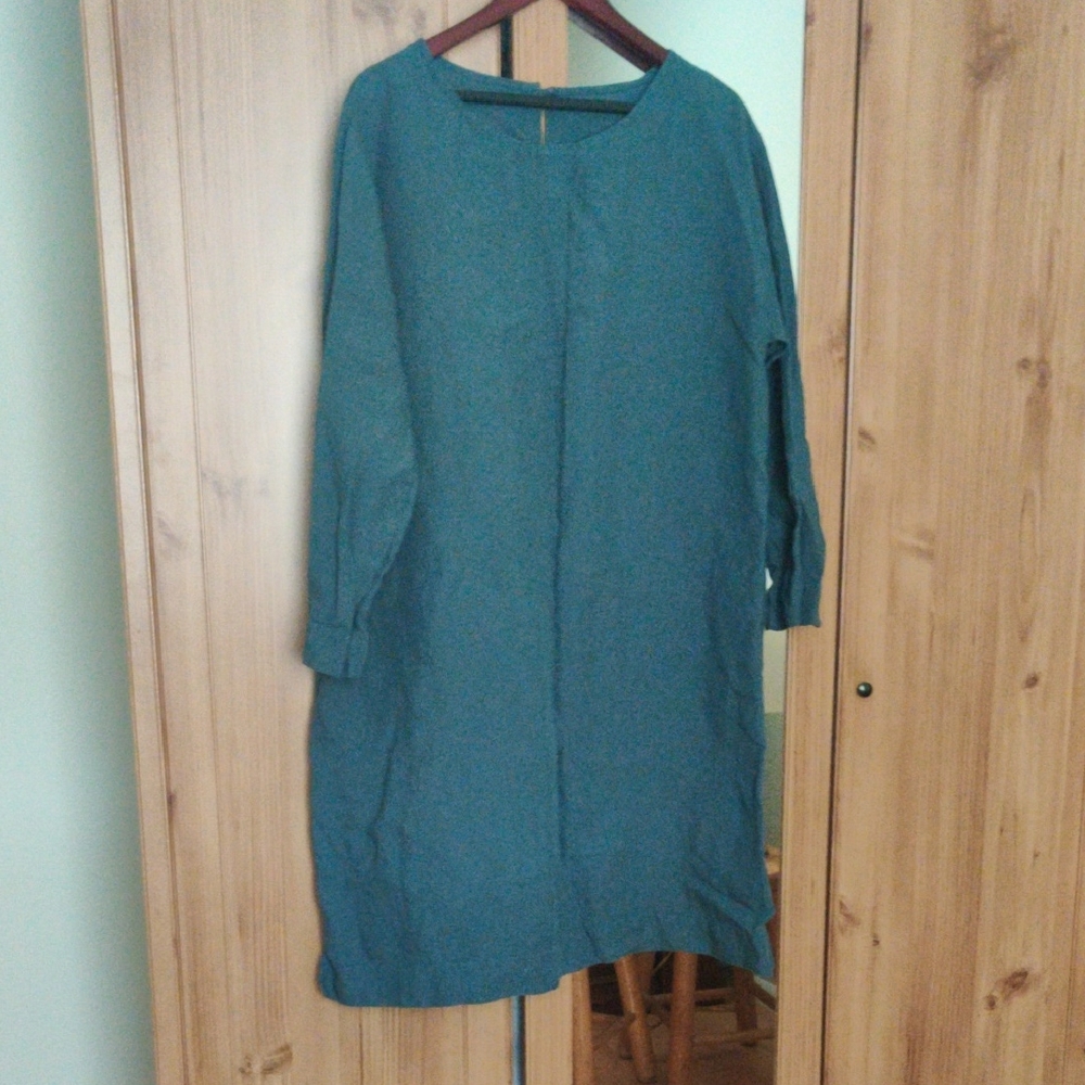 100% Linen L Slate Blue Long Sleeve Dress